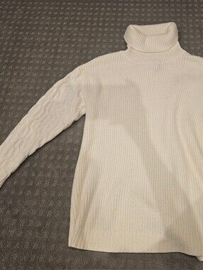 St Johns Bay Womens Cream White Rib/Cable Knit Turtle Neck Sweater LG
